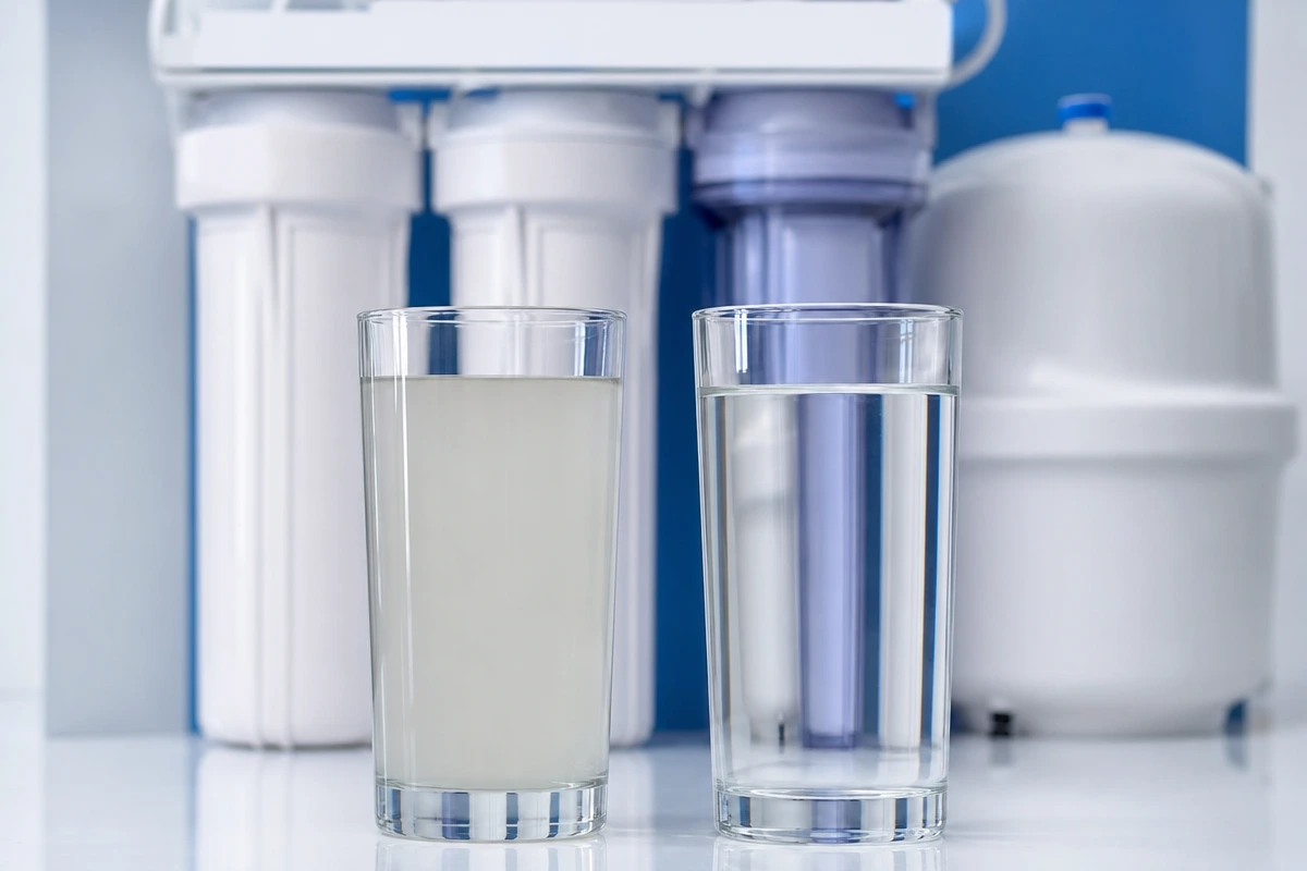 Before and after water filtration quality visual